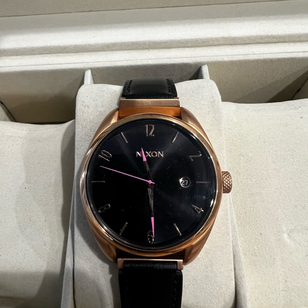Nixon Rose Gold and Black Leather Watch